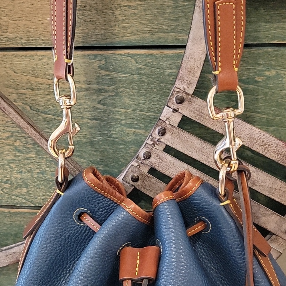 Dooney & Bourke Pebbled Leather Drawstring Bucket Bag With Gold Hardware & Charm - Picture 3 of 16